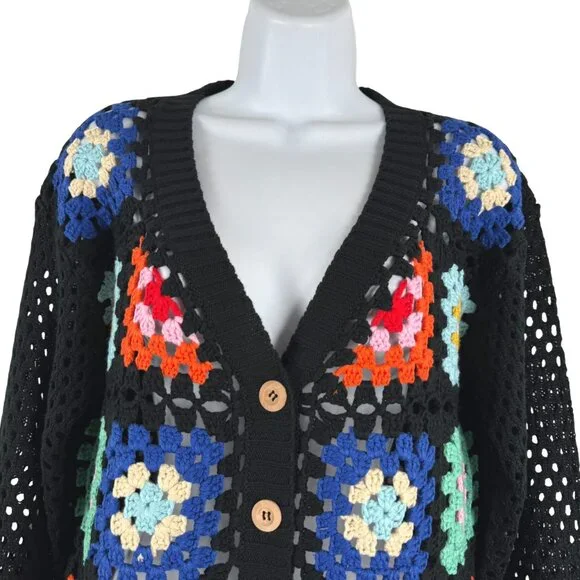 Rain‎ + Rose Granny Square Crochet Cardigan Sweater Medium Boho CJ-2292 - Picture 3 of 7